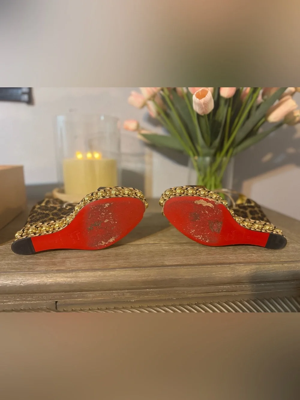 Christian Louboutin Leopard Print Wedge Sandals with Gold Accents